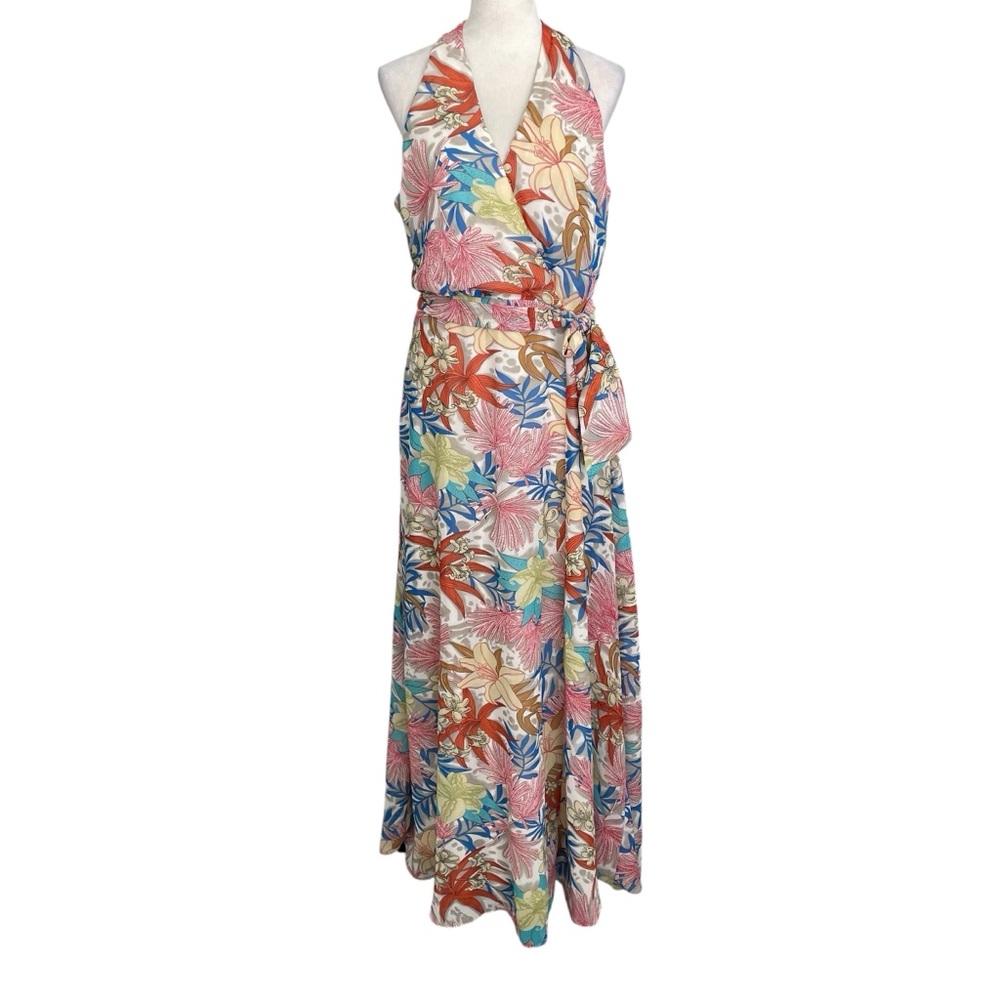 Chetta B Floral Halter Maxi Dress Women Sz 14 Resort Wear Tropical Coastal Chic